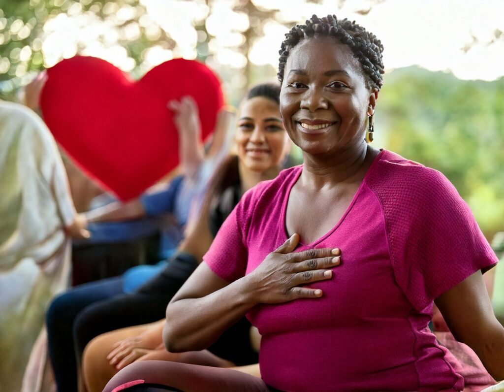 Multiracial group of patients participating in a cardiac rehabilitation exercise session, promoting equitable access to heart health programs.