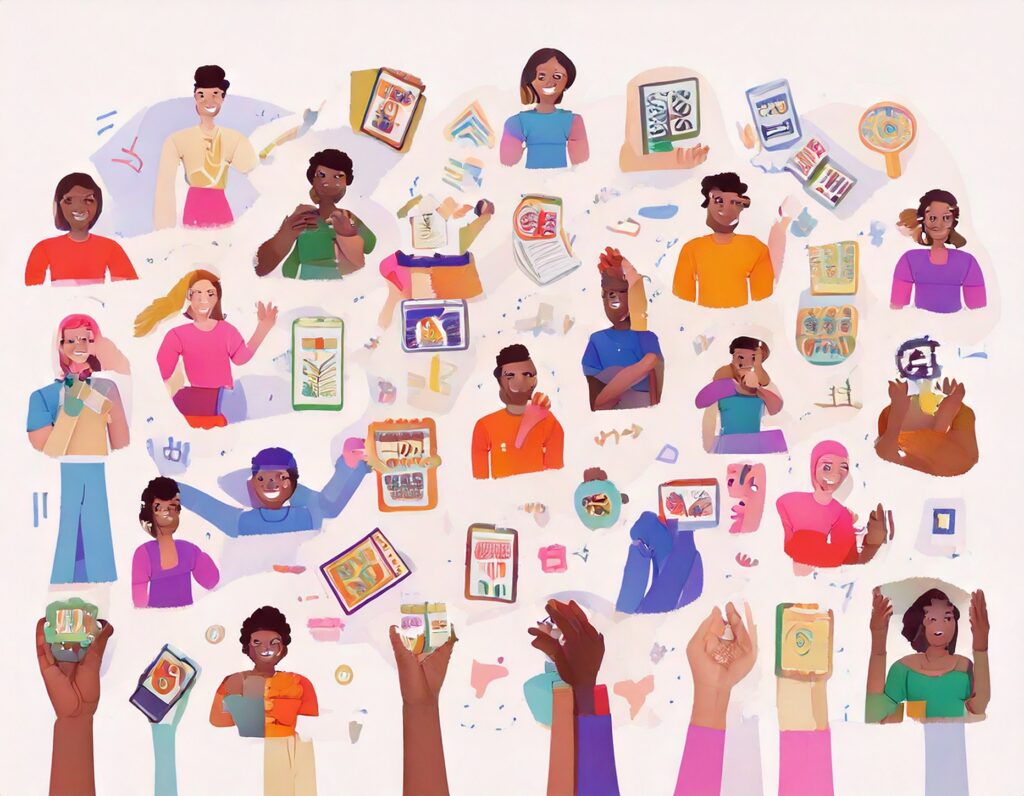 A colorful cartoon-style illustration featuring diverse minority individuals surrounded by health equity-related information, representing community engagement and healthcare access.