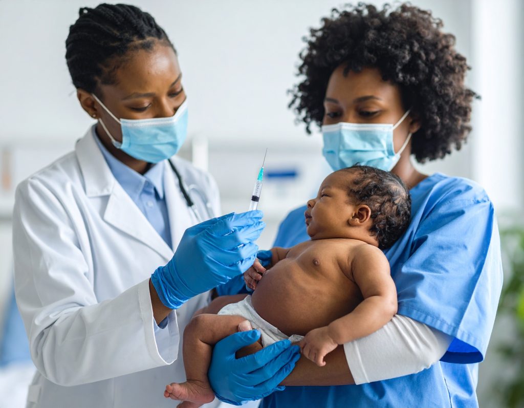 Illustration of a multicultural team of doctors and nurses caring for newborns in a hospital nursery, symbolizing RSV immunization and health equity.