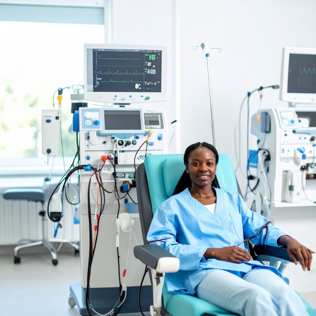 Illustration of dialysis care disrupted by financial pressure, with a human body diagram overlaid by healthcare cost icons and imbalance scales—representing ESRD payment policy misalignment with biological needs.