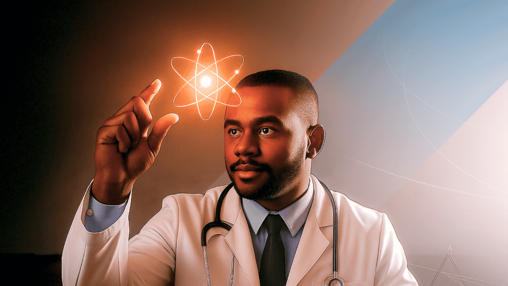 Doctor holding. shiny atom.