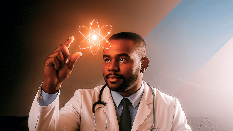 Doctor holding. shiny atom.