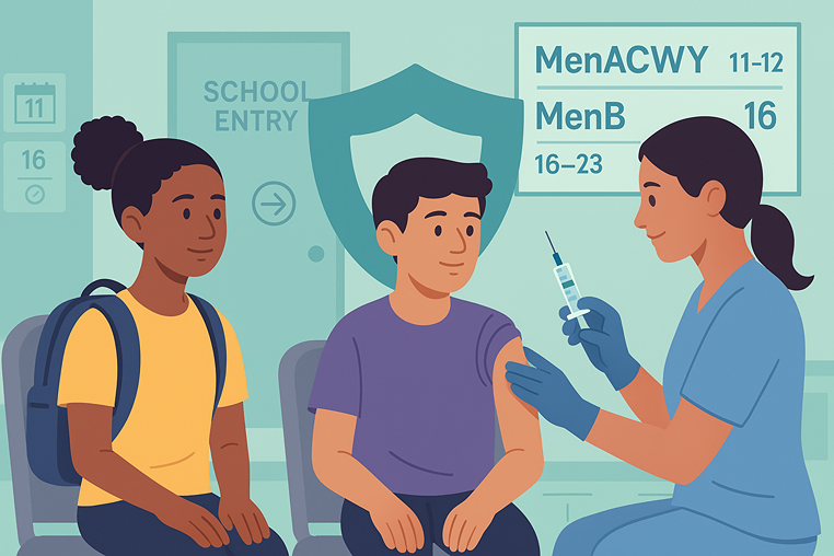 Two middle-school students at a clinic reviewing meningococcal vaccine info; message overlay: “Keep the 11–12 MenACWY dose to prevent protection gaps.