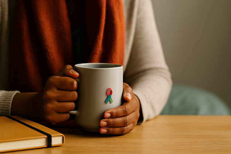 Close-up of a woman’s hands holding a mug with a pink–teal–green metastatic breast cancer ribbon beside a notebook, symbolizing strength during treatment.
