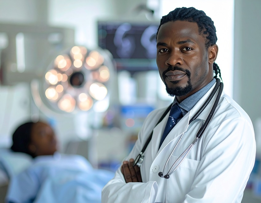 obgyn posing next to a C section patient
