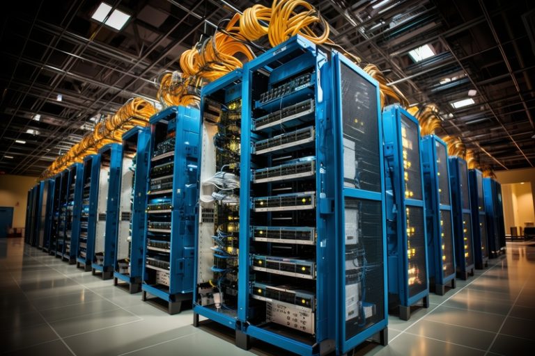 Interior view of a data center with rows of servers and cooling equipment, representing the massive energy and computing demands of xAI’s Memphis supercomputer facility.