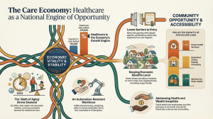 The Care Economy: Healthcare as the Engine of Opportunity. An infographic titled "The Care Economy," illustrating healthcareโs role as a primary economic driver. Key visuals include a comparison showing healthcare added 375,000 jobs in a year while the broader economy slowed, a timeline marking 2034 as the year older adults will outnumber children, and a map highlighting the shift of jobs from hospitals to local home health and outpatient clinics
