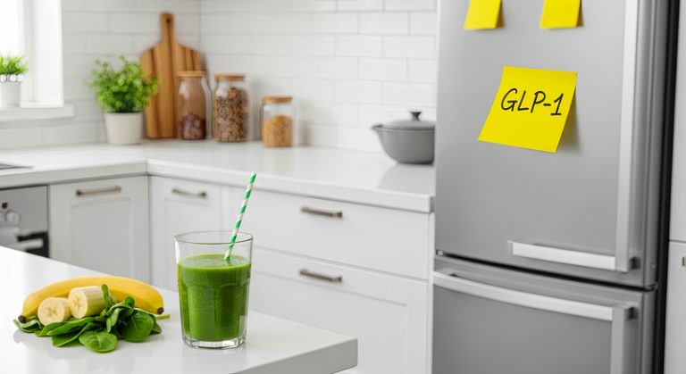 GLP-1 and Green smoothie in glass with banana and spinach on kitchen counter with modern appliances.