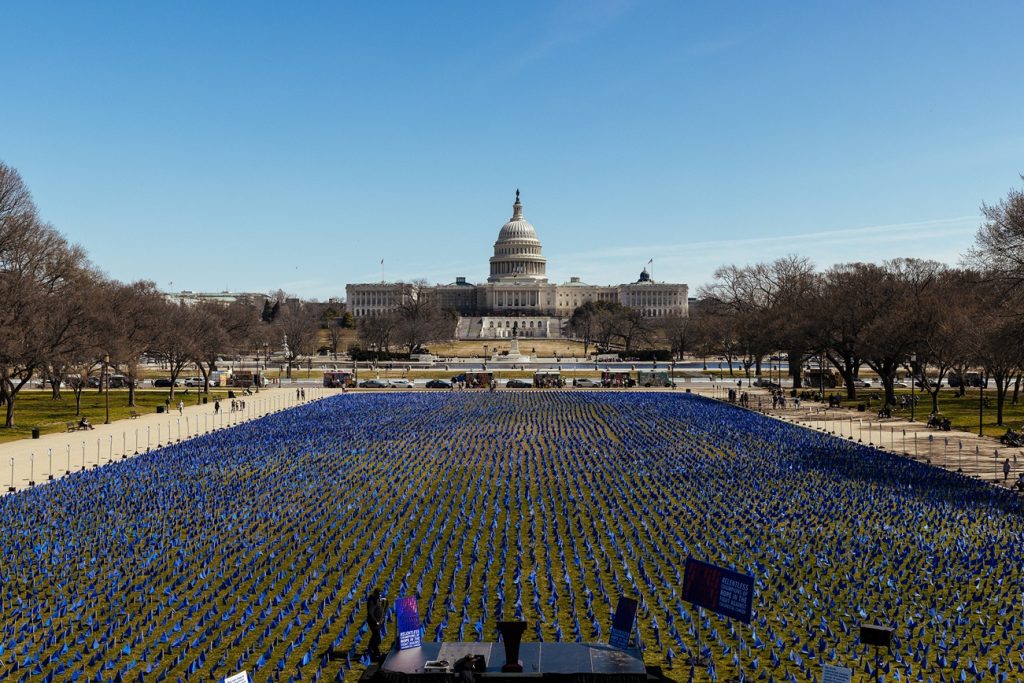 A wide view of the National Mall in Washington, D.C., covered in thousands of small blue flags symbolizing young colorectal cancer patients