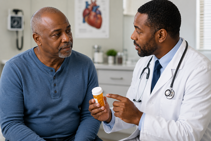 An African American doctor talks with an older Black patient about statin medications and cholesterol treatment during a medical visit.