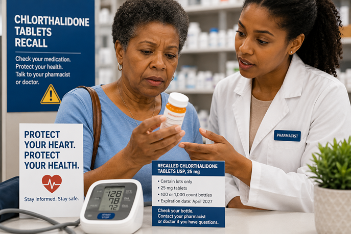 African American woman reviewing her blood pressure medication bottle with a pharmacist after the FDA recalled certain chlorthalidone tablets.