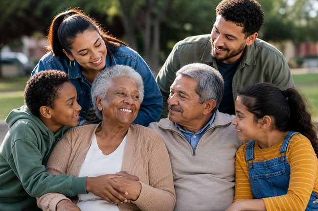 A multigenerational Black and Hispanic family sitting together in a park, showing how Social Security helps support older adults, people with disabilities, and families across generations.